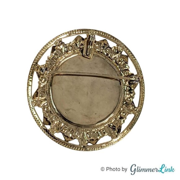 Vintage Ornate Round Blue White Fleurs de Lis Gold Tone Brooch Pin - Picture 6 of 8